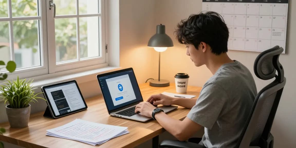 WPS Download installation process on a laptop in a modern home office setting, showcasing focus and productivity.