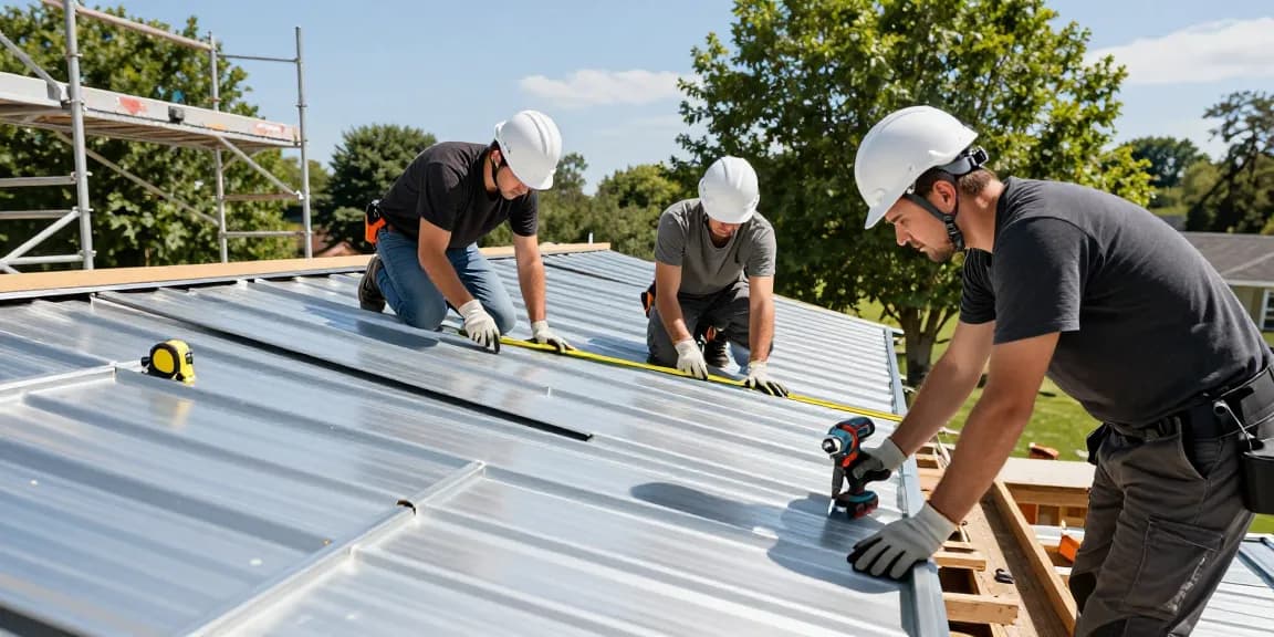 Metal roof installation contractors measuring and cutting sheets at a residential site, showcasing teamwork and professional tools.