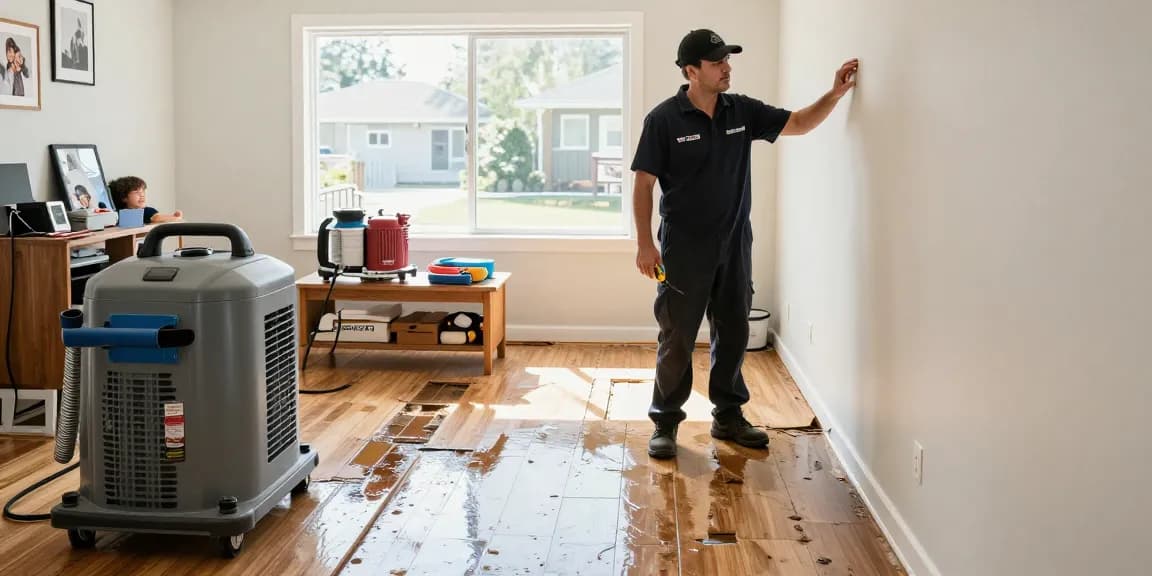 Water Damage Restoration Vancouver technician assessing water damage with equipment in a home.