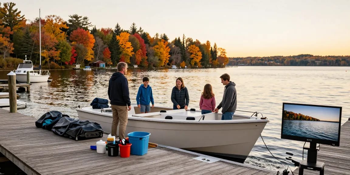 Boat winterization scene at Mountain Trout House Marina, family prepping their boat with maintenance supplies.