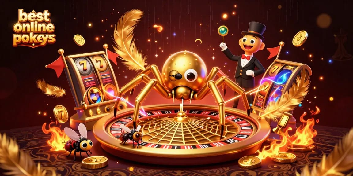 Bet on the best online pokies with exciting visuals featuring a 3D spider, fly, and vibrant game elements.