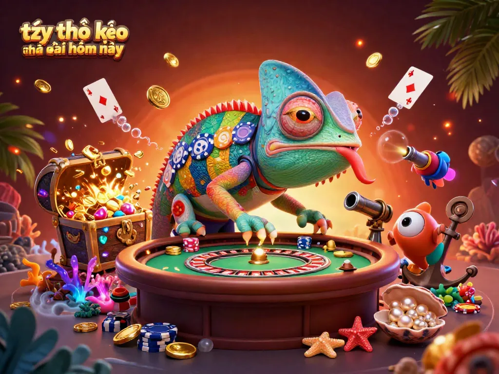 Bet on tỷ lệ kèo nhà cái hôm nay with colorful casino ambiance and chameleon owner collecting coins.
