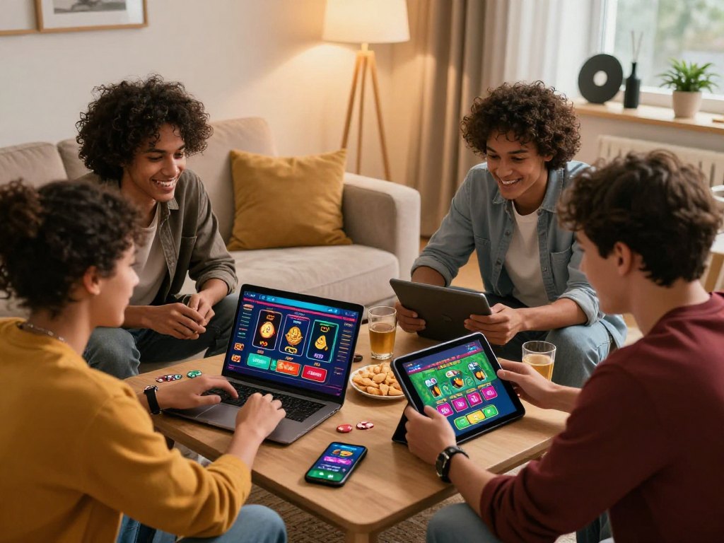Gamble online Canada with friends excitedly betting on various platforms in a cozy living room setting.