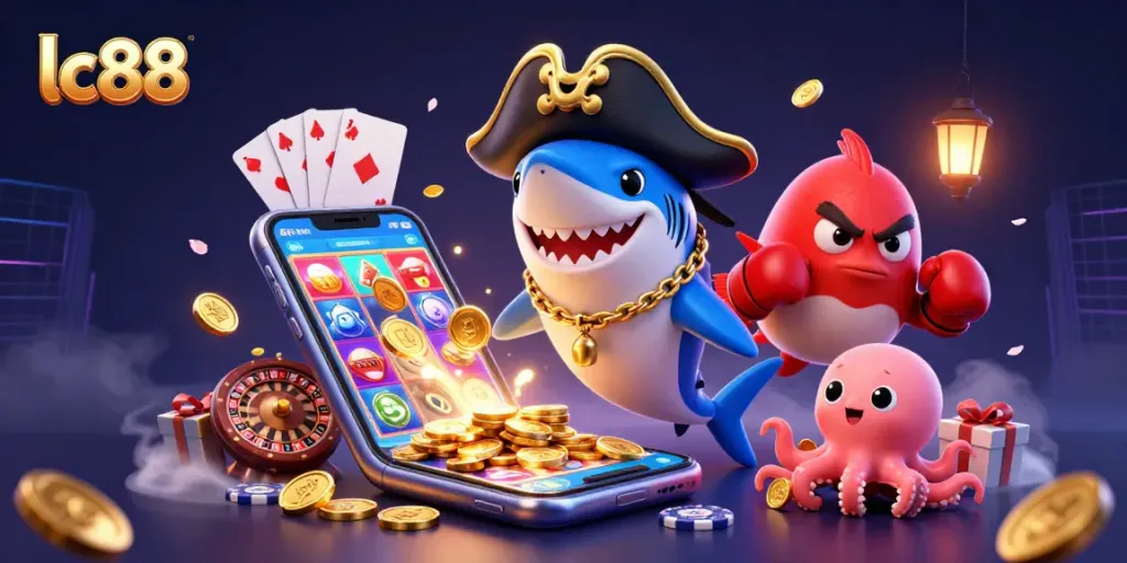 Spin the reels with lc88's vibrant gaming scene featuring fun characters and dynamic elements.