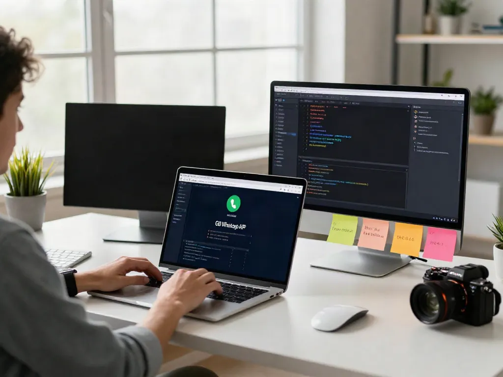 gb whatsapp 18.80 apk download showcased on modern workspace with dual monitors