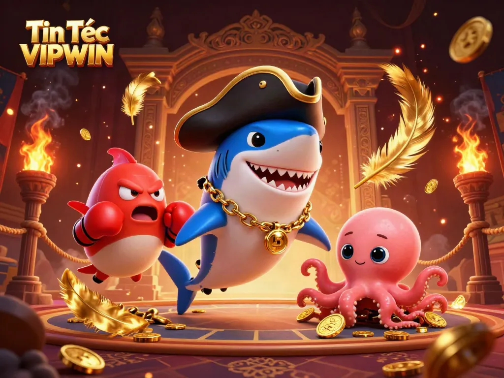Experience thrilling action with Tin Tức VIPWIN featuring a pirate shark, angry pufferfish, and gold-coin-holding octopus