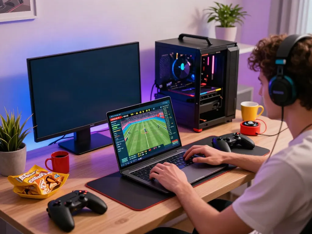 Engaged player using nbet for live sports betting in a vibrant home gaming setup.