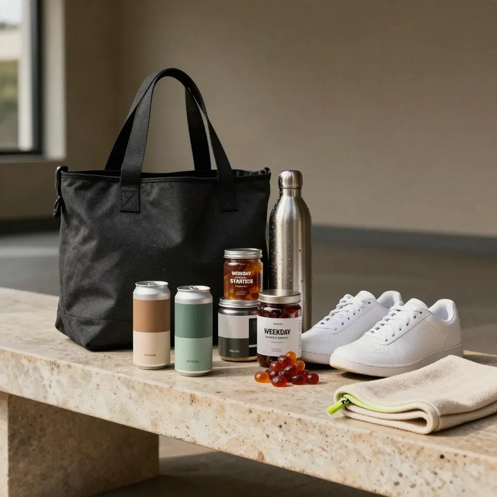 Boost Energy bundle with cans, shots and gummies beside a tote, sneakers and water bottle on stone bench