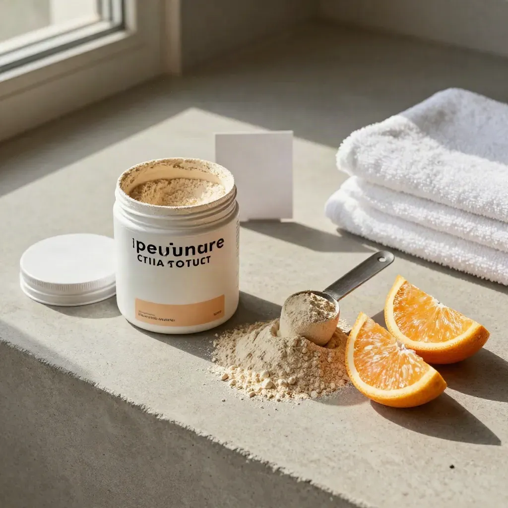 Overhead flatlay of a powder tub, scoop, citrus segments, towel and card on concrete.