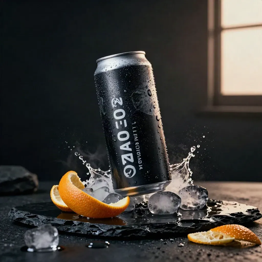 Graphite energy drink can hovering over wet black stone with ice and citrus peel