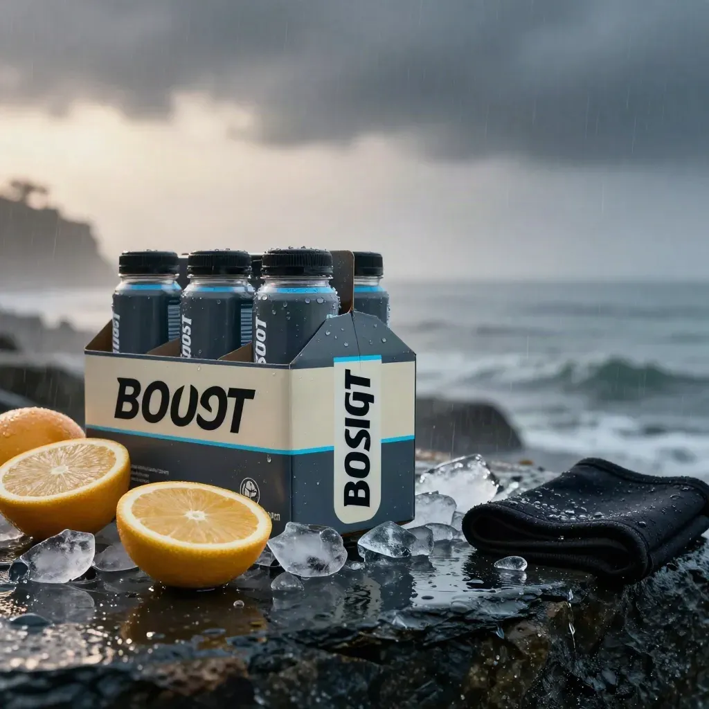 Boost Energy shot pack with ice, citrus, and gym sleeve on wet slate at dawn.