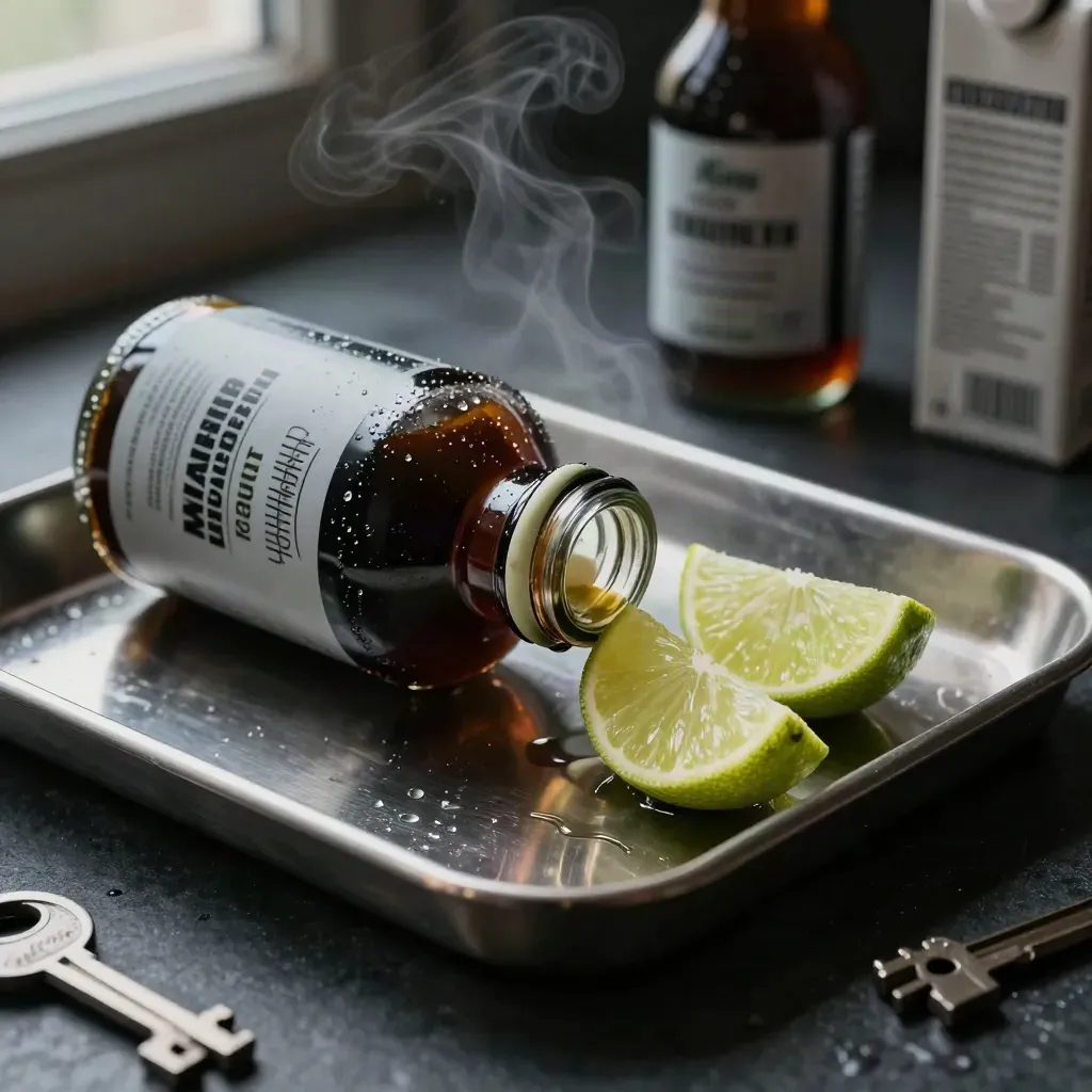 Caffeine shot multipack, tipped bottle, steel tray, lime wedges, and droplets in dark studio light.