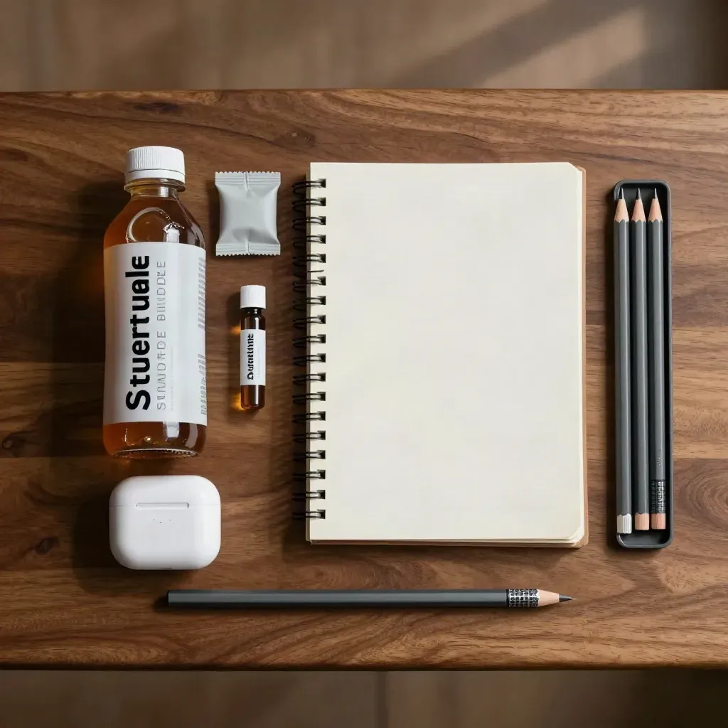 Overhead student fuel bundle flatlay with drink, shot, gummies, notebook, earbuds case and pencil tray.
