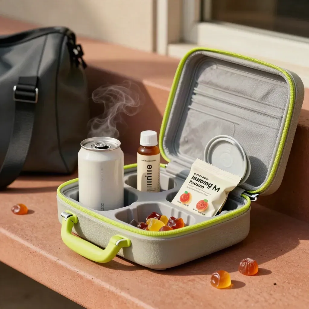 Open carry case with can, caffeine shot and gummies on terracotta concrete, soft mist and lime glow.