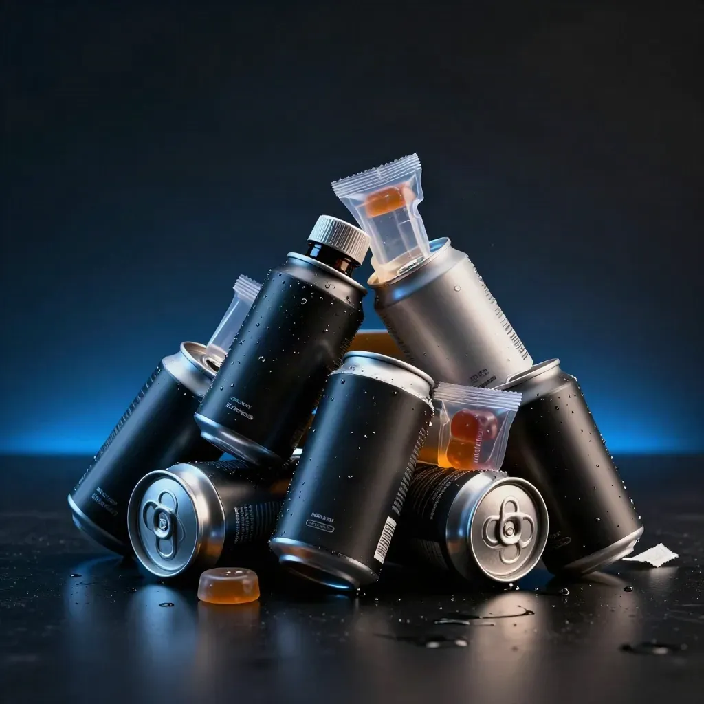 Mixed energy cans, shots, and gummy packs on a wet dark studio surface with blue rim light.