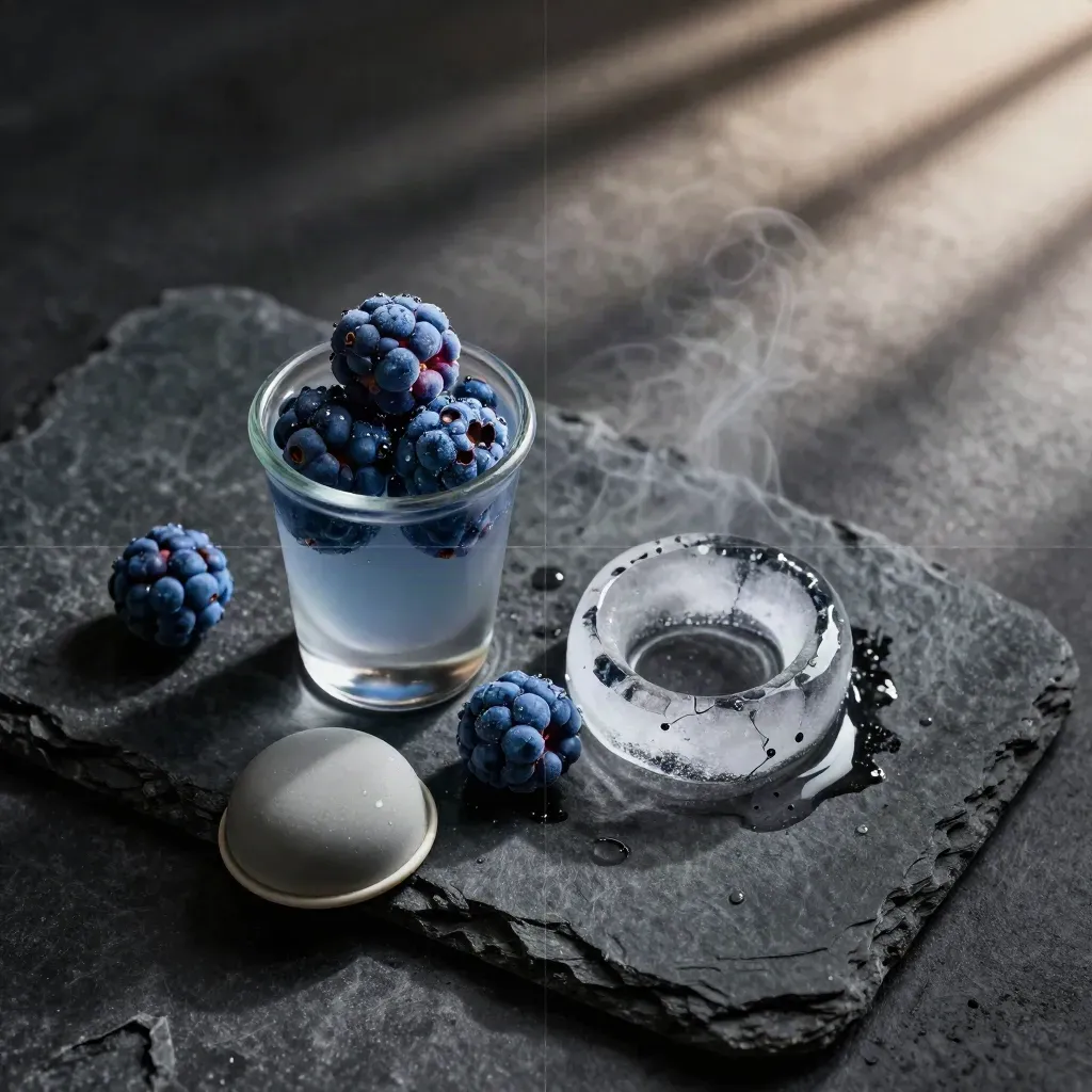 Overhead blue raspberry caffeine shot with ice ring, berries, and ceramic cap on charcoal stone.