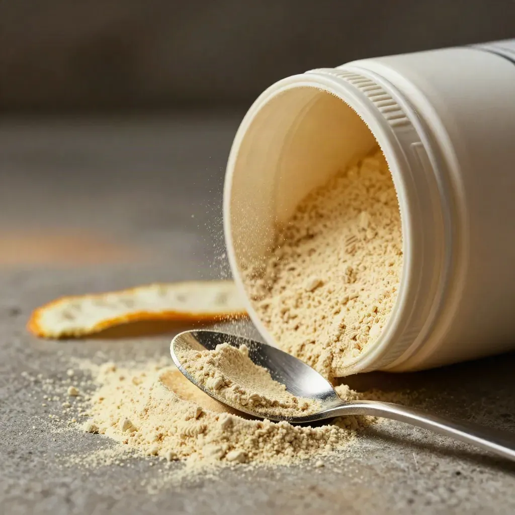 Macro of a citrus powder tub, spoon, peel and powder arc on gray stone.