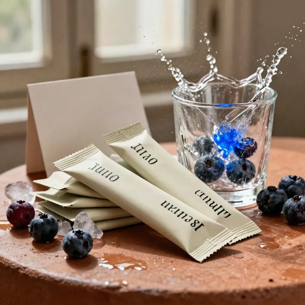 Fanned berry electrolyte stick packs amid ice and a blue-tinged splash on a terracotta plinth.