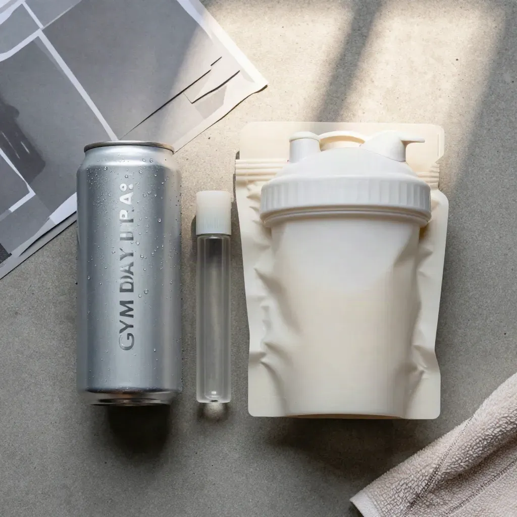 Overhead sampler pack flatlay with can, shot, gummies, towel corner, and shaker lid on concrete