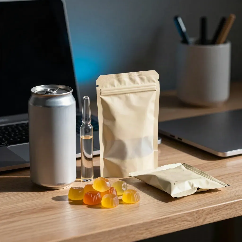 Desk bundle pack items on walnut beside a closed laptop in a low three-quarter product close-up.