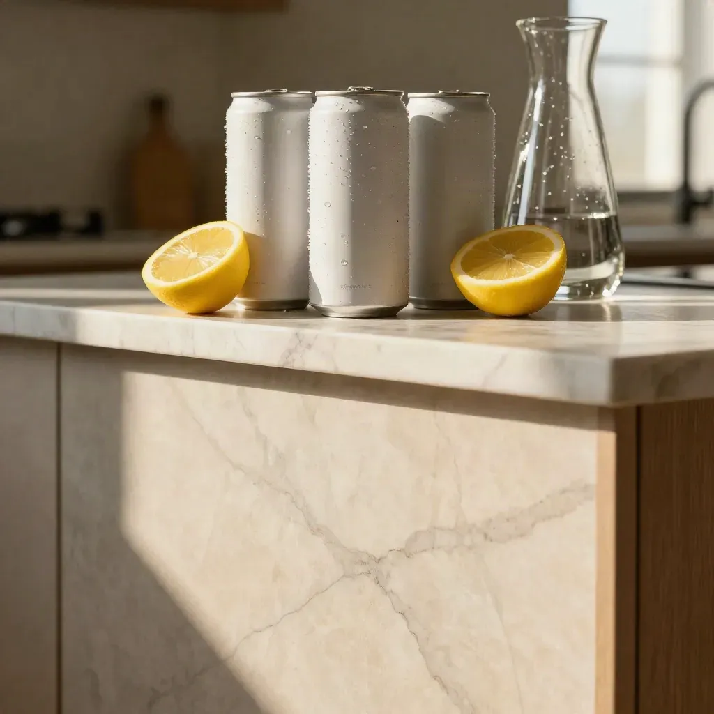 Marble counter with blurred energy cans, lemon halves and a glass carafe in soft late-morning light.