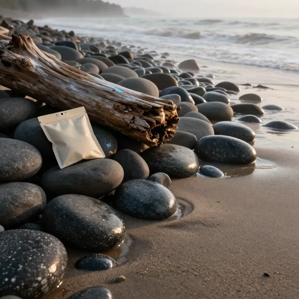 Cedar shore with stones, mist, and electrolyte mix sachets by a calm waterline.