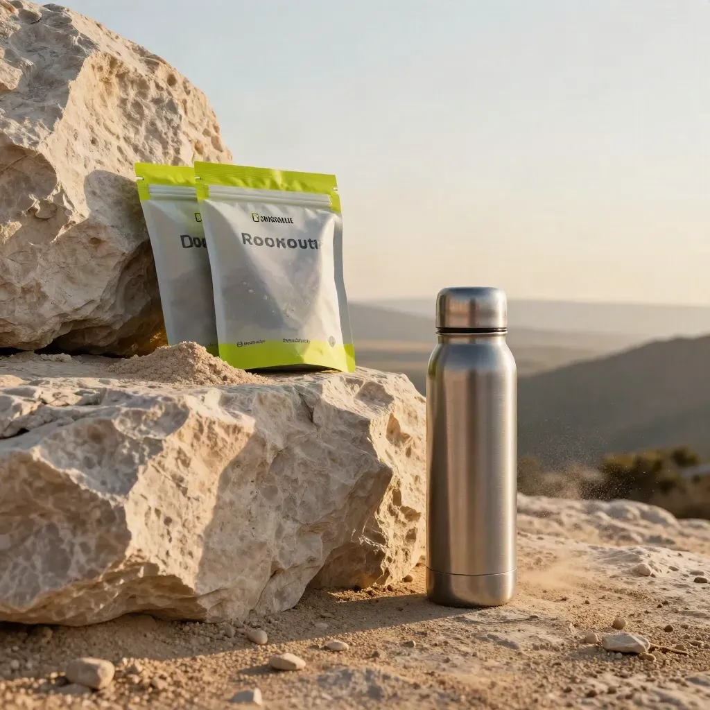 Thermal bottle and lime-accented pre-workout packs on a sunlit mountain turnout.