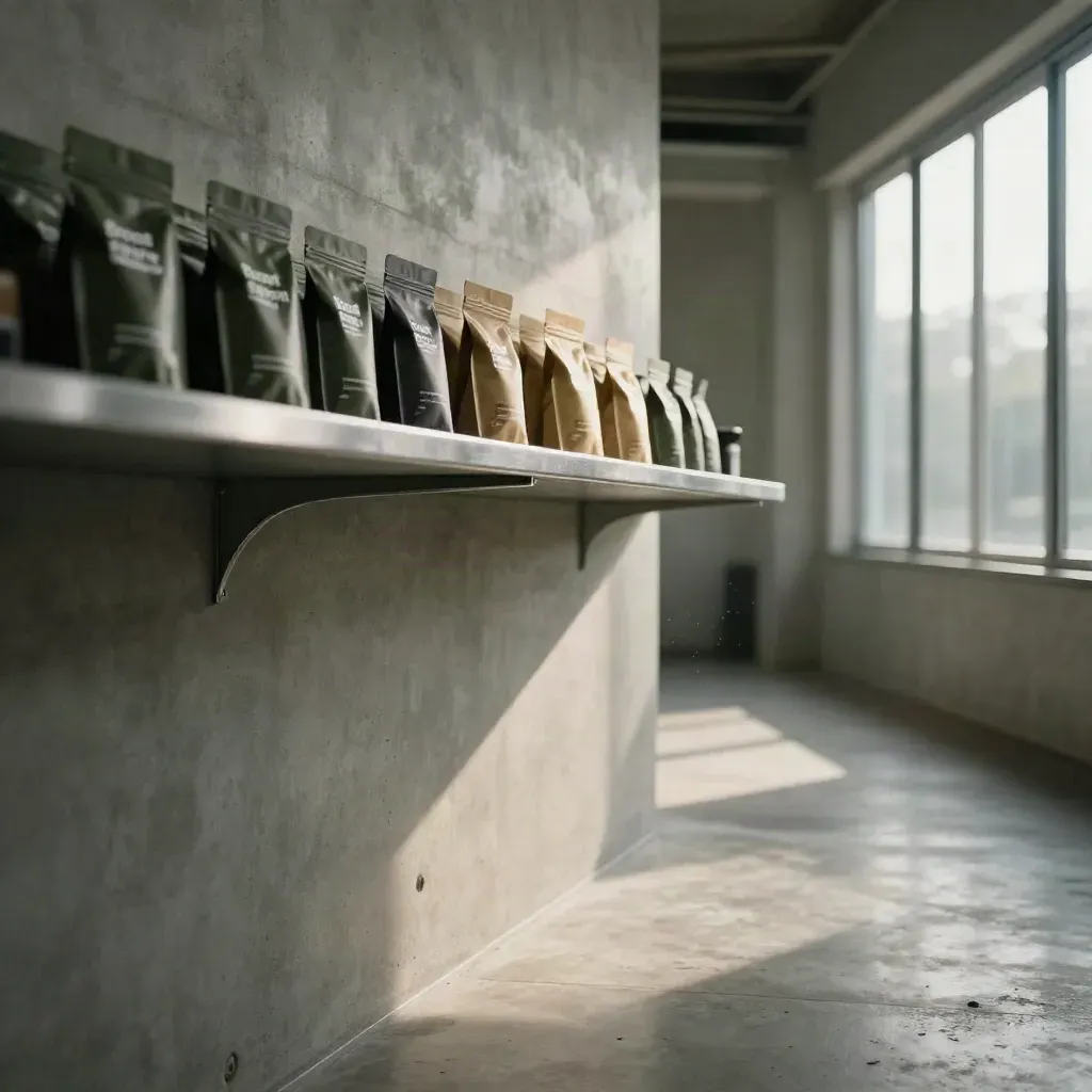 Concrete corridor with shelf and distant caffeine shot packs, calm floor space.