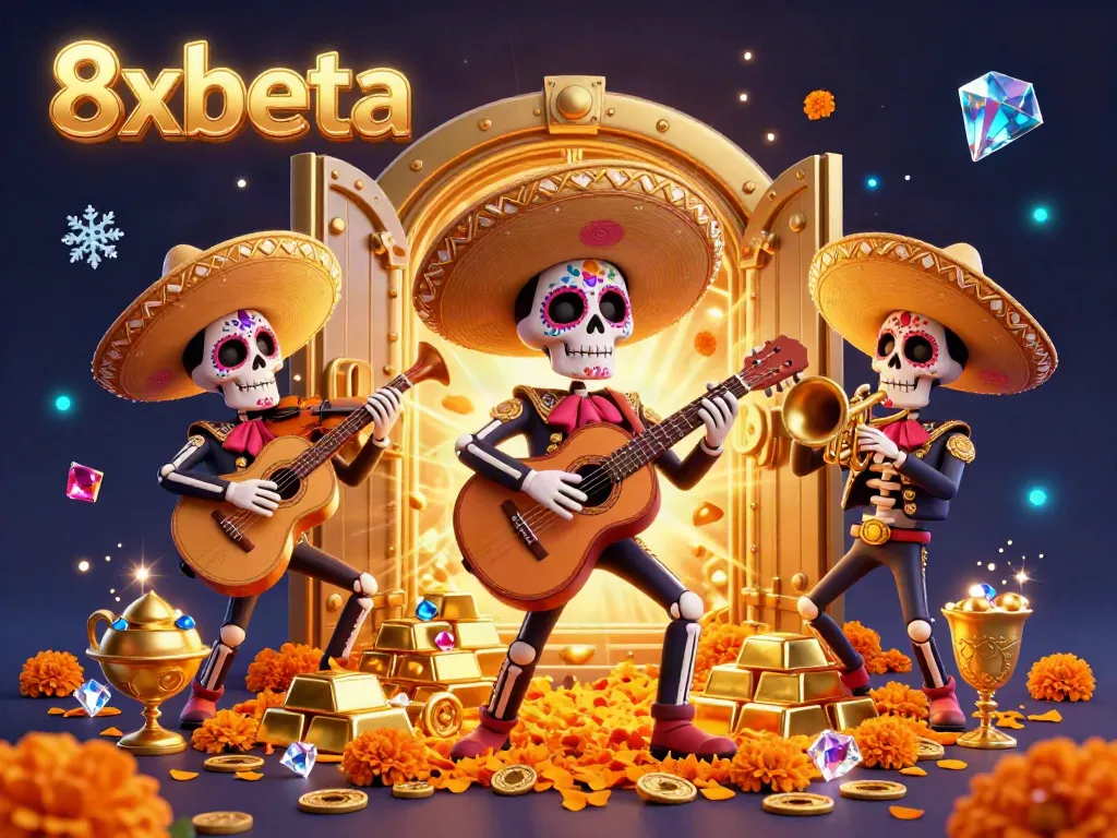 Experience thrilling action with 8xbeta, featuring vibrant skeleton mariachi band amidst treasure and gems.