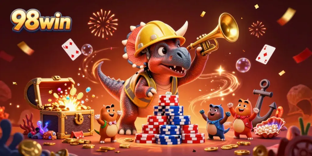 Experience the excitement of 98win with vibrant characters celebrating over a pile of poker chips.