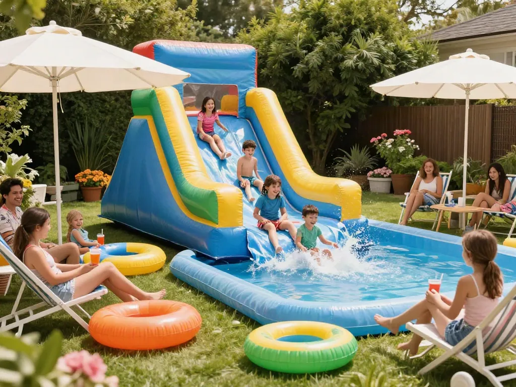 Children enjoying a colorful water slide during a summer party.