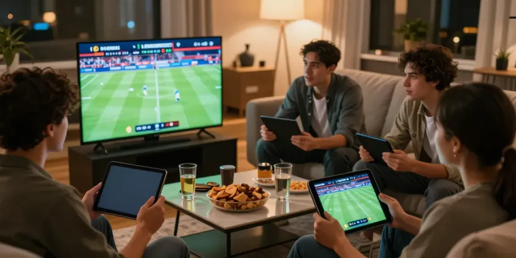 Friends engaging in Bitcoin sports betting while watching a live game in Canada.