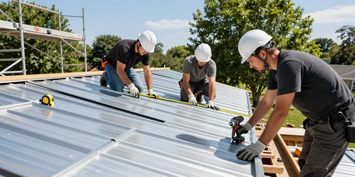 Metal roof installation contractors measuring and cutting sheets at a residential site, showcasing teamwork and professional tools.