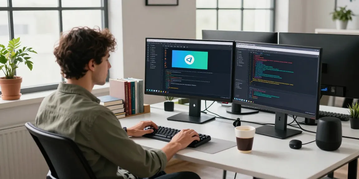 Telegram download workspace with a developer coding in a modern office, showcasing innovative tech tools and collaborative atmosphere.
