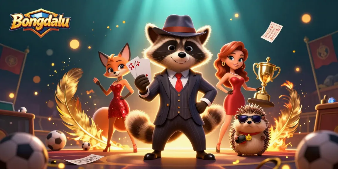 Bongdalu showcases a raccoon in a suit with a winning hand, surrounded by sports betting excitement and iconic gambling symbols.