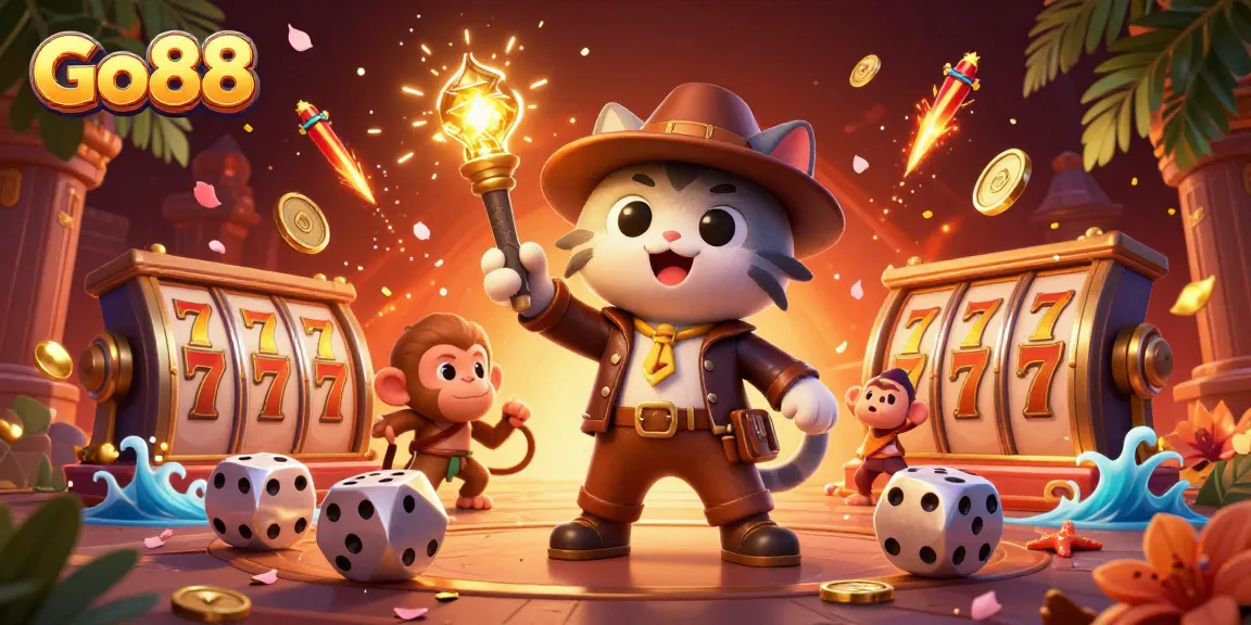 Engage with Go88 in an exciting scene featuring an adventurer cat discovering casino treasures amidst vibrant game elements.