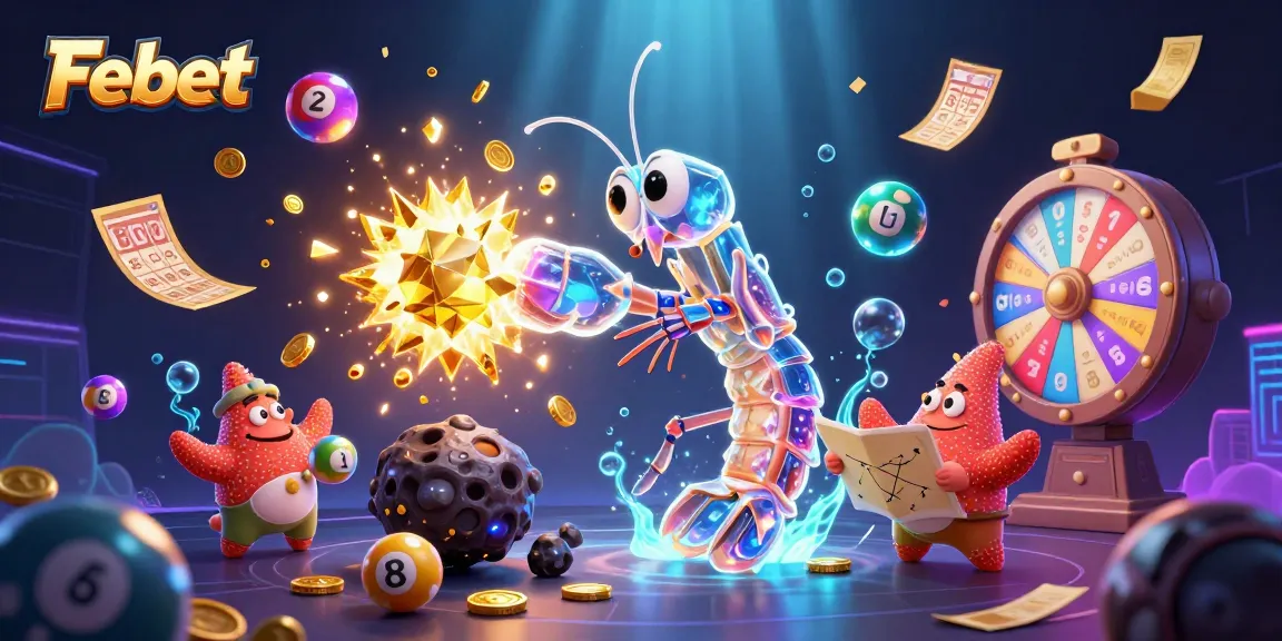 Experience Febet's exciting world of gambling with vibrant characters, golden gems, and dynamic games.