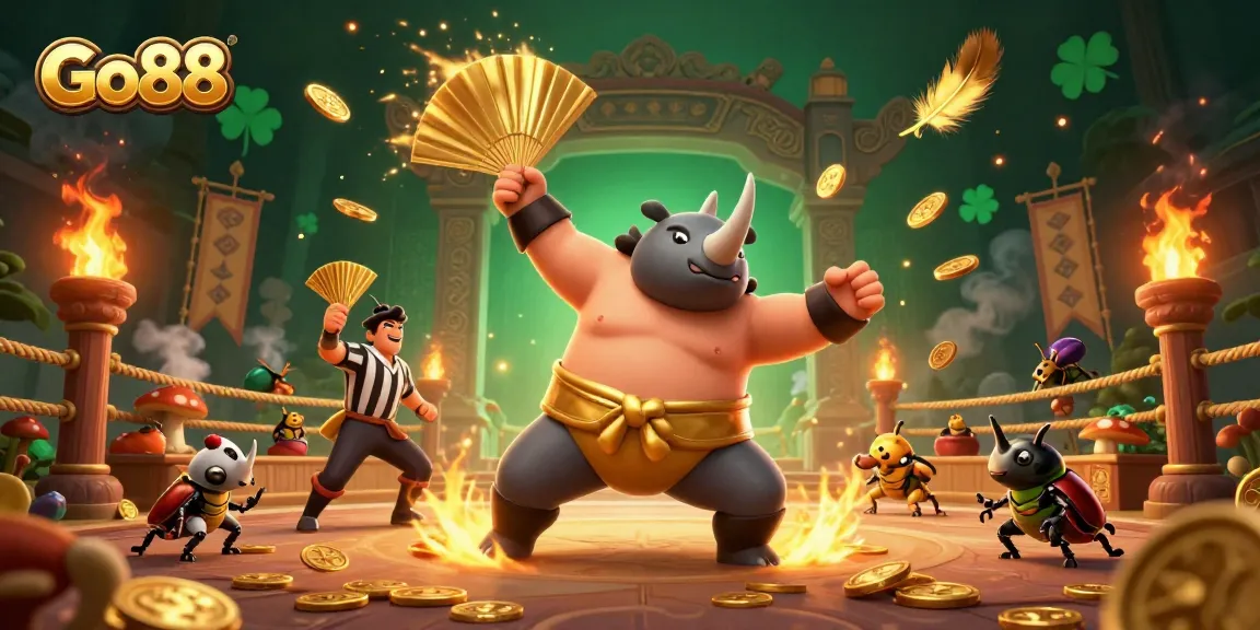 Go88 champions celebrate wins with a powerful beetle in a colorful casino scene filled with gold coins.