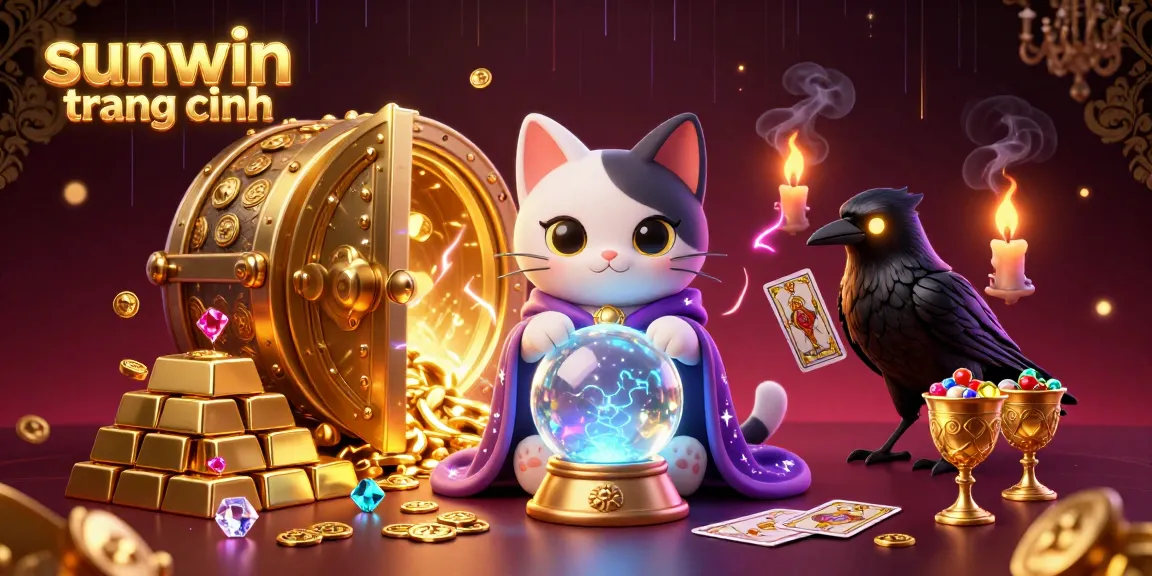 Spin to win on sunwin trang chính with vibrant 3D illustration of a mystical cat and treasures.