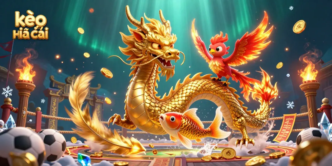 Engage with kèo nhà cái through an epic scene featuring a fierce dragon, phoenix, and koi fish in a sports betting arena.