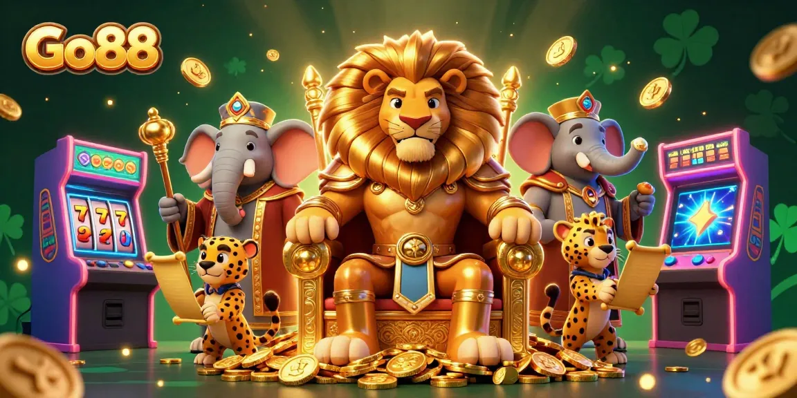 Go88 showcases an ultra-detailed 3D illustration of a lion king on a golden throne surrounded by gaming elements.